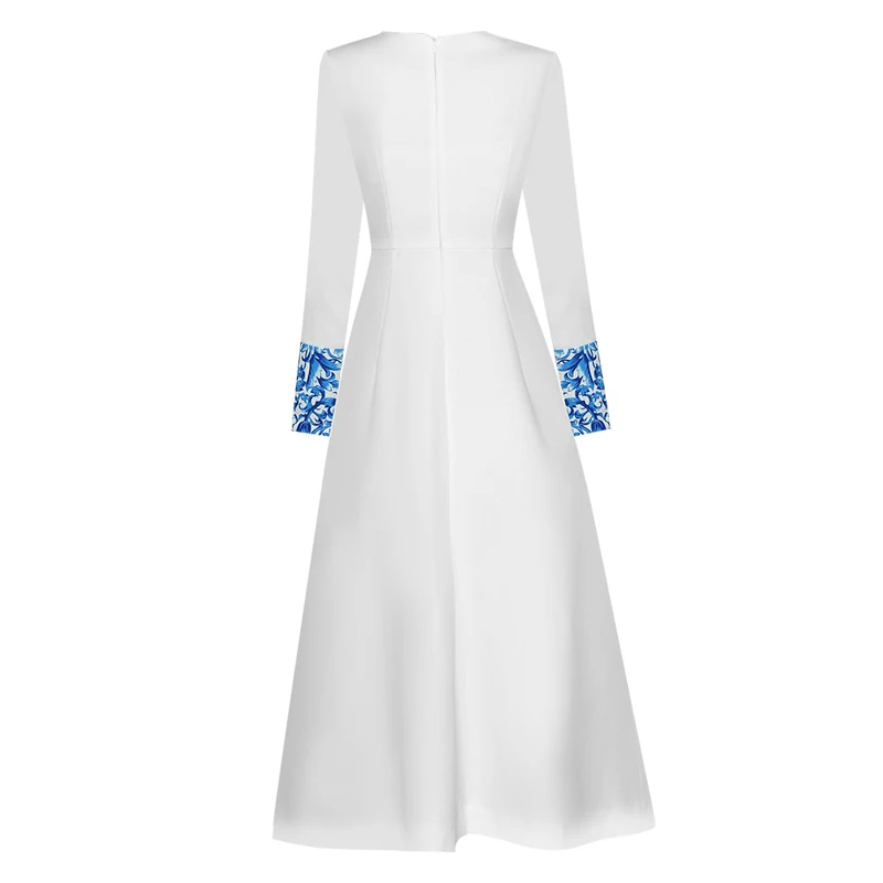 SEQINYY White Midi Dress Blue Flowers Vintage