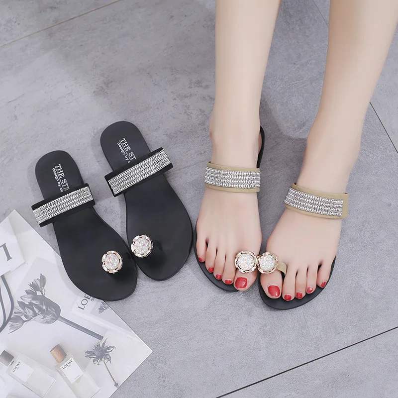 

Open Toe Solid Concise Women Flat Flip Flops Metal Decoration Crystal Summer Outside Slippers Women Casual Fashion Ladies Shoes