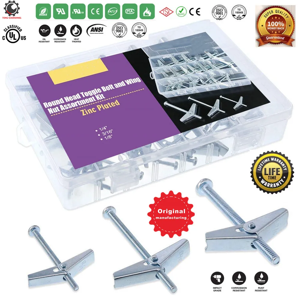 

Toggle Anchors,Assorted Toggle Bolt and Wing Nut for Hanging Heavy Items on Drywall-1/8 Inch,3/16Inch,1/4Inch