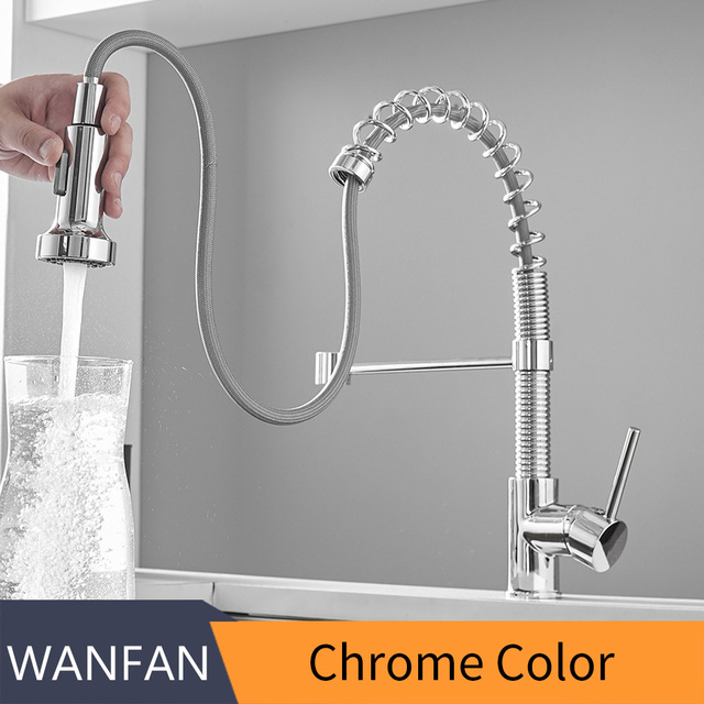 Faucets Brush Brass Faucets for Kitchen Sink  Single Lever Pull Out Spring Spout Mixers Tap Hot Cold Water Crane 866053R