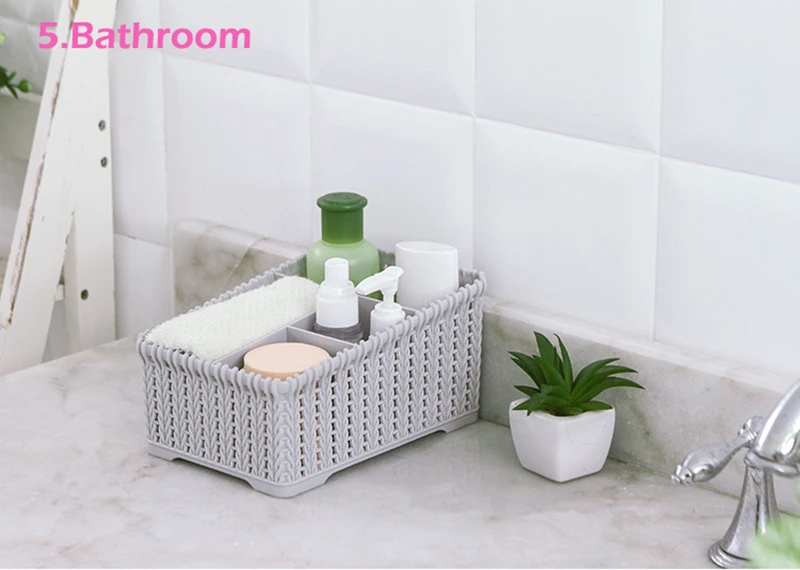 Rattan Cosmetic Storage Box Plastic Makeup Organizer Home Office Desk Storage Brush Holder Case Sundries Basket Object Container