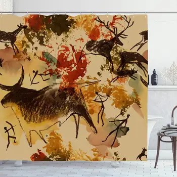 

Shower Curtain Set with Hooks 60x72 Inches Stainpattern Human Cave Rock Structure Drawing Watercolor Deer Hunting Primitive