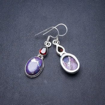 

Natural Copper Turquoise and Garnet Handmade Unique 925 Sterling Silver Earrings 1 1/2" Y2346