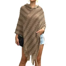 Готический плащ с кисточками, женский свитер, ассиметричный полосатый свитер с капюшоном, Осень-зима, вязаный свитер цвета хаки, высокий трикотаж для улицы, для женщин