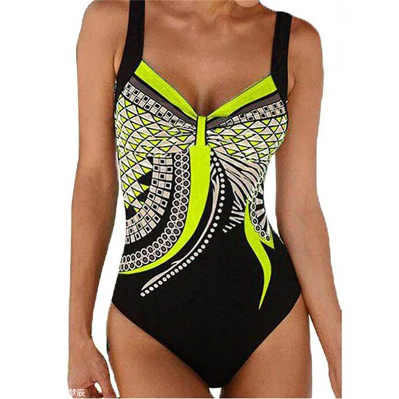 

One Piece Swimsuit Women Halter Print Bathing Suit Backless Monokini Bikini Push Up Summer Vintage Swimwear