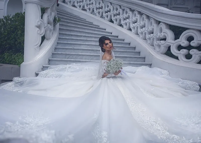С длинным рукавом тюль Vestido De Novia открытыми плечами Длинные рукава Кружева Аппликации бальное платье свадебное платье Плюс Размер Свадебные платья