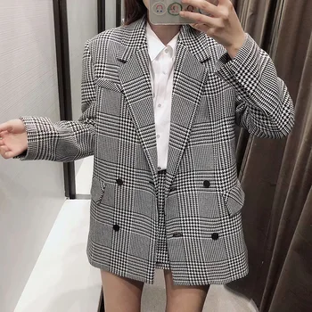 

Breasted Blazers Fashion Double Casual Houndstooth Jackets Women Elegant Pockets Long Sleeve Suits Female Ladies