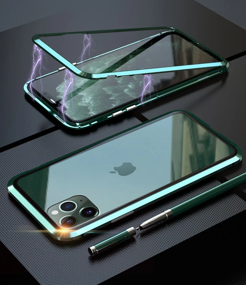 Чехол из закаленного стекла+ Защитная пленка для экрана для iPhone 11 Pro Max чехол s стеклянная пленка с магнитной защитой из алюминиевого сплава