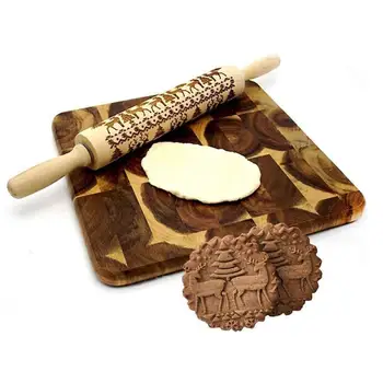 

Christmas Elk Wooden Print Rolling Pin/Dessert Tools/XMAS Decor/Solid Wood/Baking Embossed Cookie Props/Factory Direct Sales
