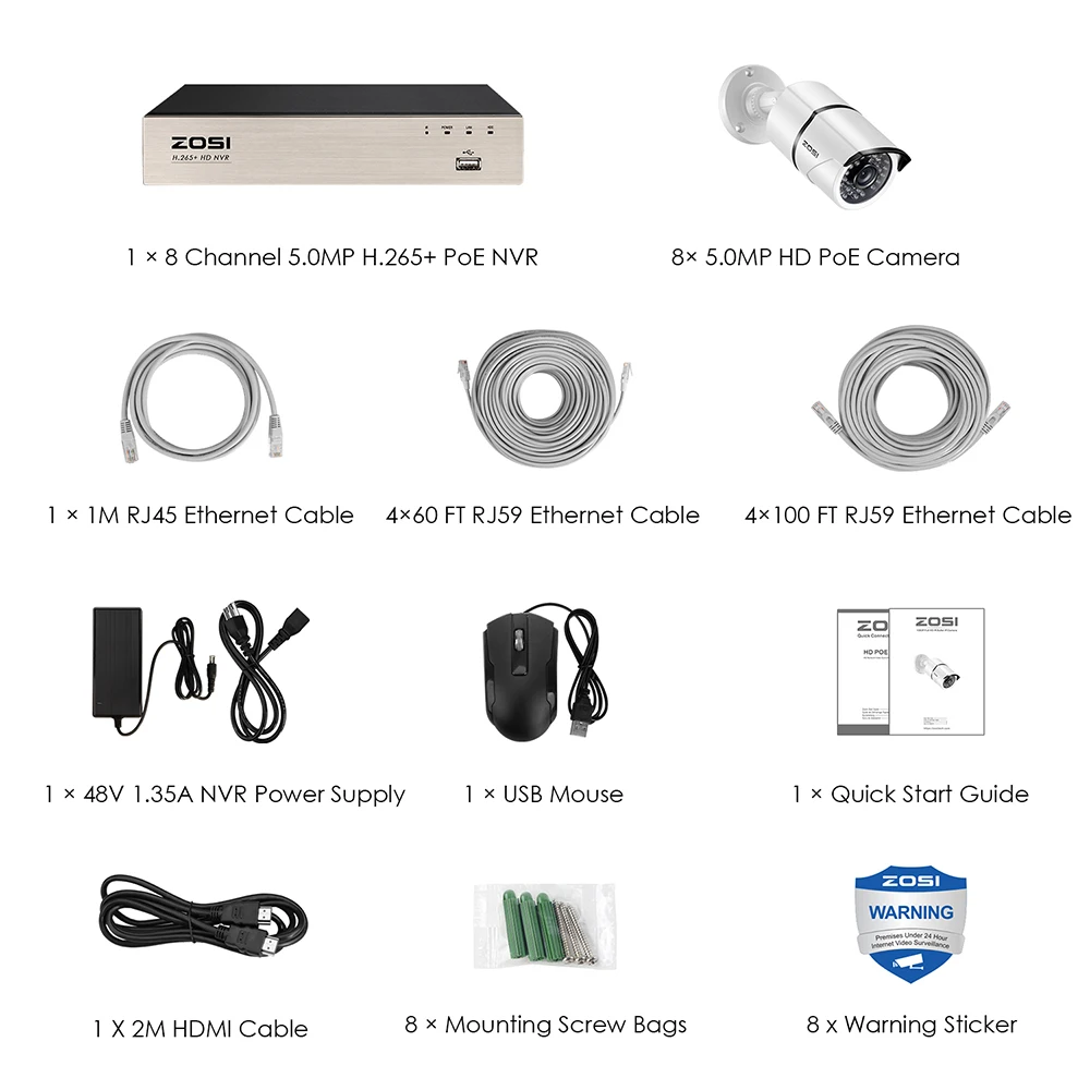  ZOSI H.265 8CH 5MP POE Security Camera System Kit 8PCS 5MP Super HD IP Camera Outdoor Waterproof CC - 4.00008E+12