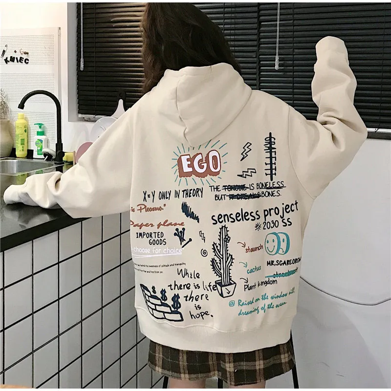 Graffiti Cactus Print Velvet Women Sweatshirt Hooded Hip Hop Korean Female Hoody Winter Loose Thicken Ladies Pullover Top