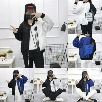 

Autumn Winter Loose BF Harajuku Matching Baseball Uniform Women Outerwear Long Sleeve Zipper Patchwork Jacket Female Coat