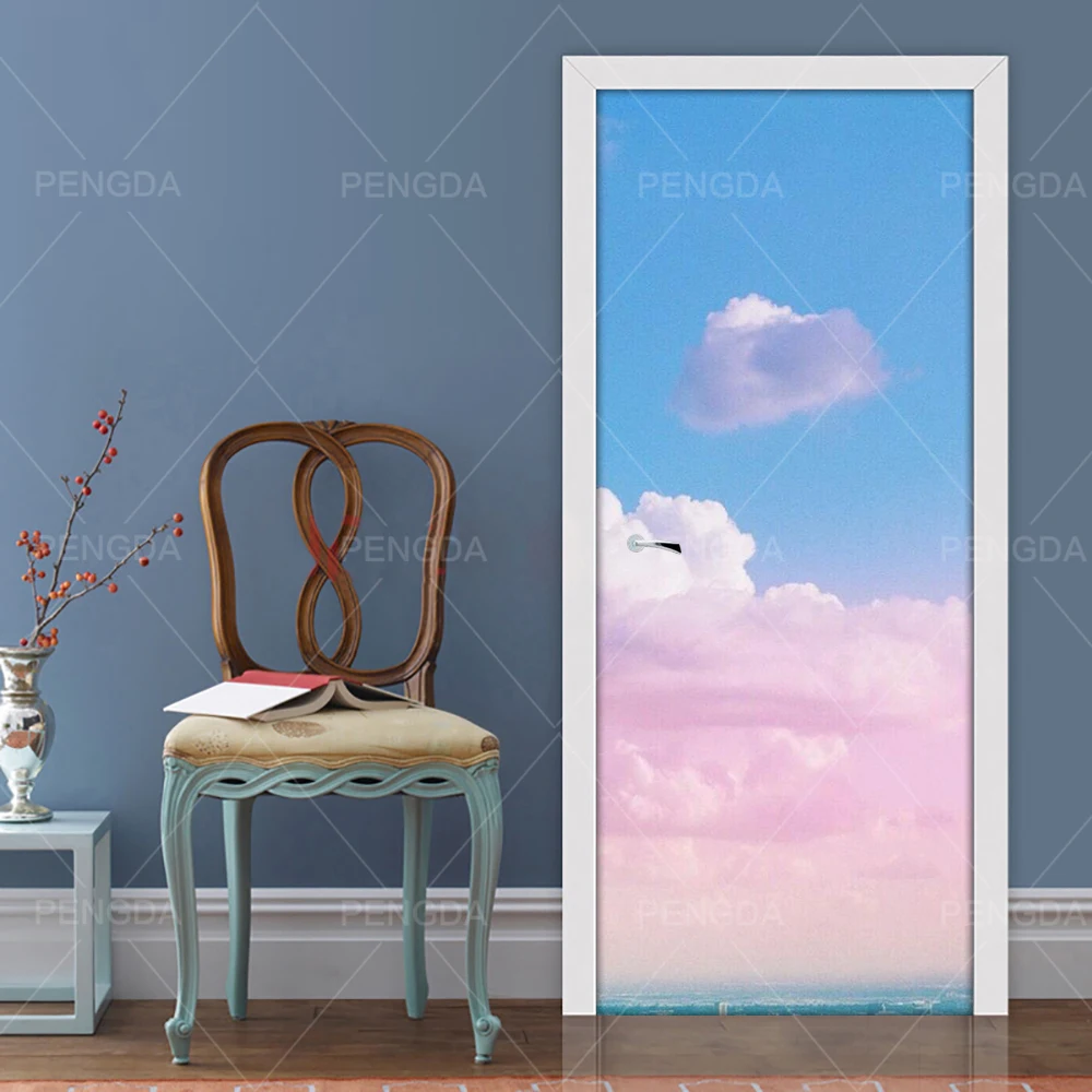 Self Adhesive Bedroom Door Sticker Sky Cloud Pink Scenery DIY Renovation Mural Waterproof 3D Print Picture Home Decor PVC Poster