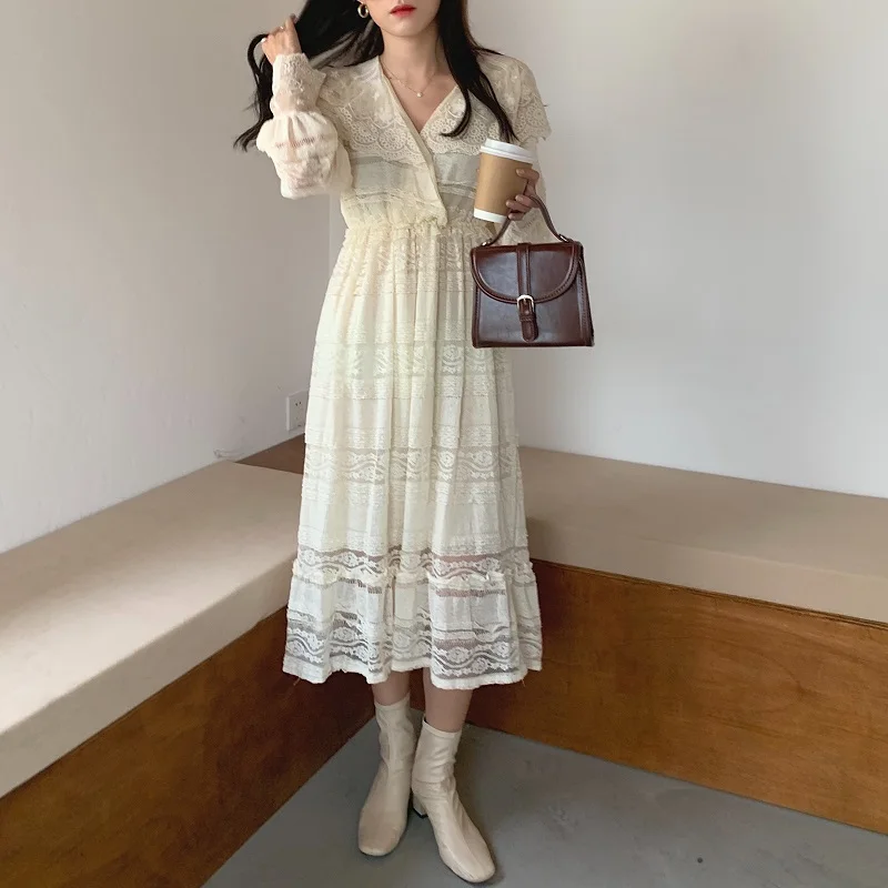 Tonglord Women Lace Dress 2020 Spring Summer New Female Long Sleeve V-neck Princess Party Dresses Elegant A-line Vestidos Femme