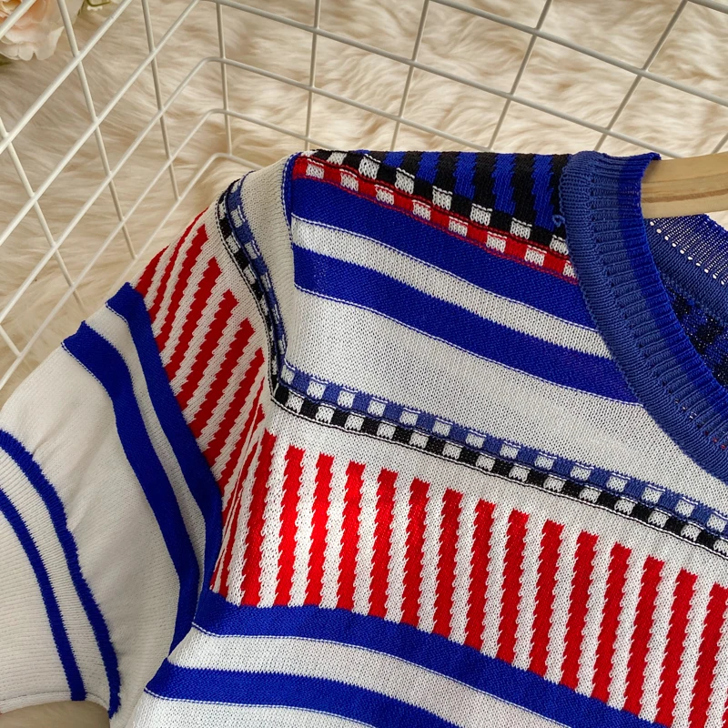 New Arrival Summer Stripe Knit Tops and Printed A-line Long Skirt Two piece Sets Women Runway Design Fashion Knit Set Suit