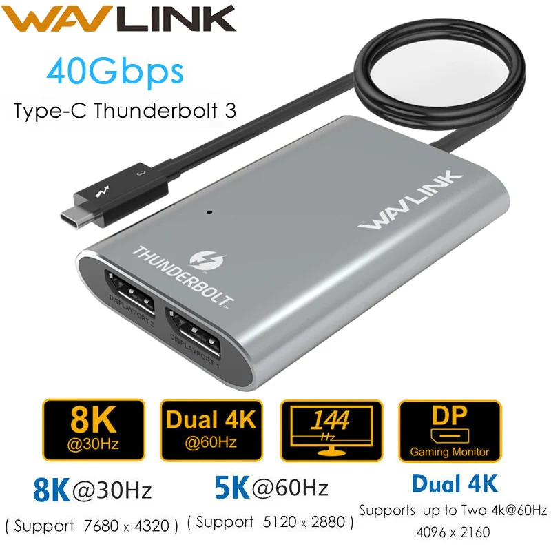 Адаптер Thunderbolt 3 сертифицированный Intel двойной порт дисплея 8K @ 30 Гц адаптер 4K & 5K 60