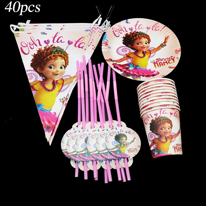 40pcs/lot Fancy Nancy theme birthday party decorations Fancy Nancy theme disposable tableware Fancy Nancy plates cups straws