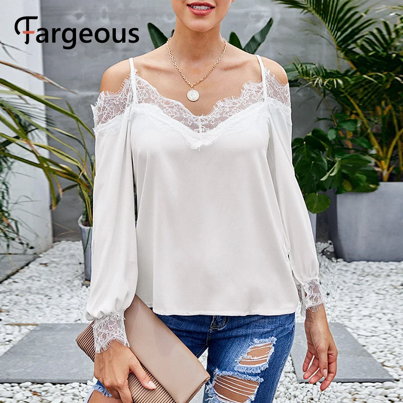Fargeous Повседневная белая блузка на бретельках Женская модная кружевная Лоскутная