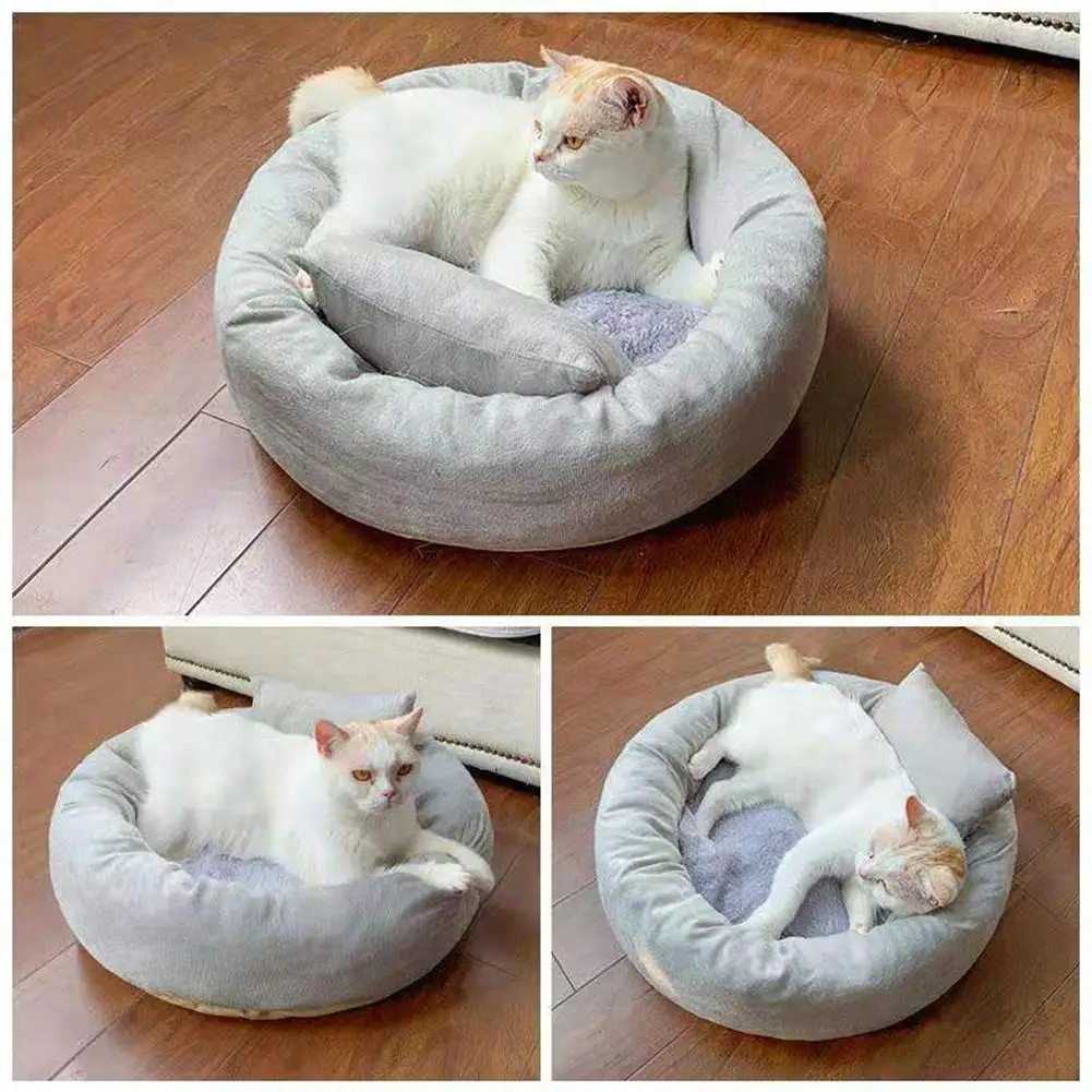 Теплая кровать для кошки дом круглая кровать Fodable собака коврик для сна гнездо питомник подушка для питомца щенячье гнездо оболочка скрывающая булочка для бургера на зиму