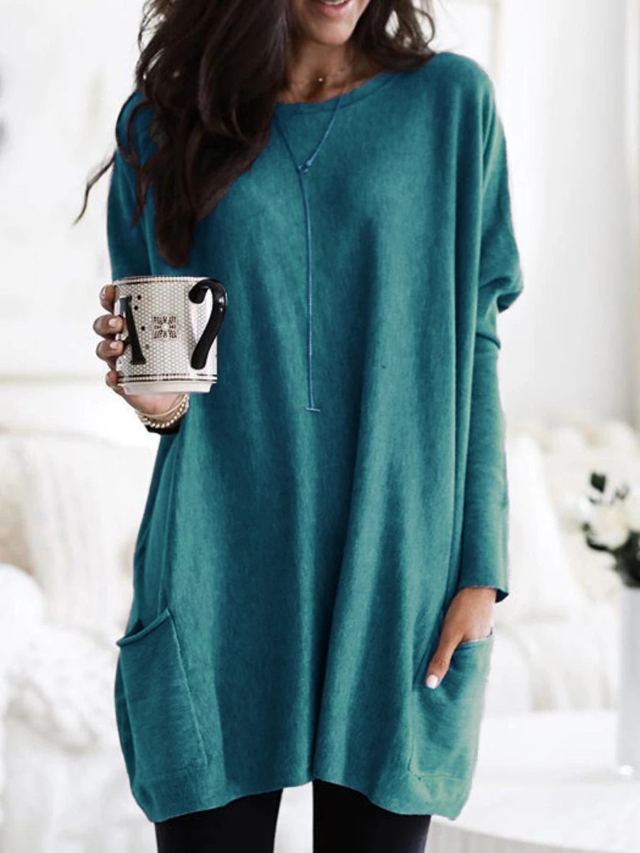 peacock blue Весенне-осенняя женская футболка, плюс размер, 5XL, топы с длинным рукавом, повседневная женская футболка с карманами, женские футболки, уличная одежда - Цвет: peacock blue