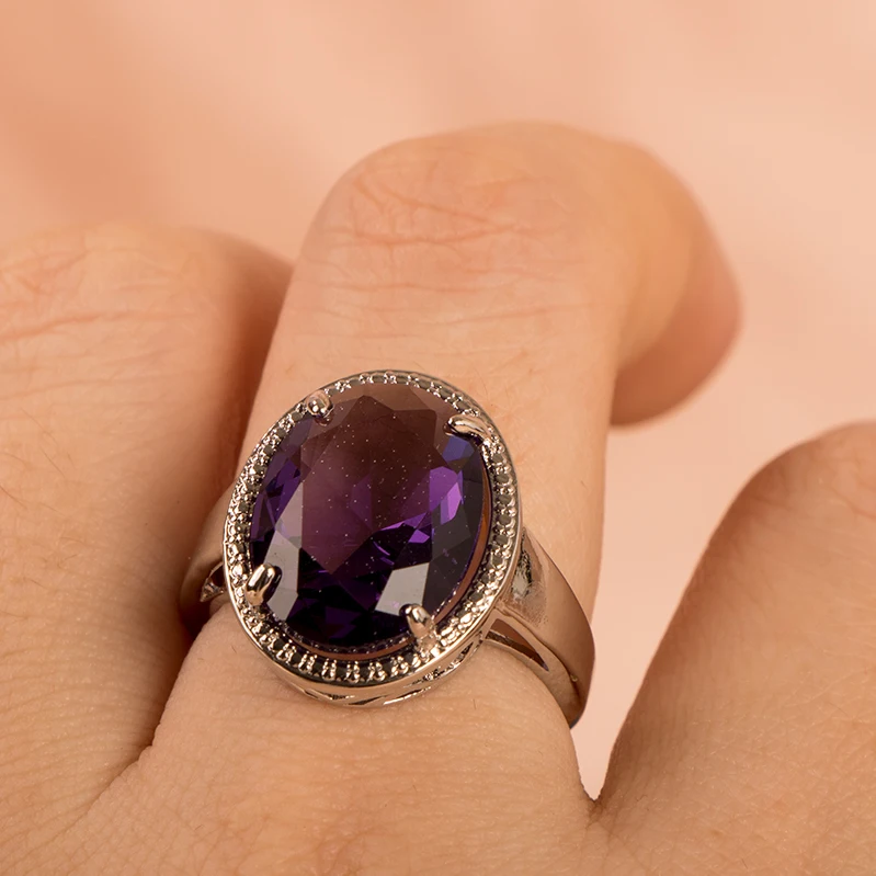 Silver Rings Cellacity Classic Amethyst Oval Shaped Gemstones for Women Engagement Gift size 6-10