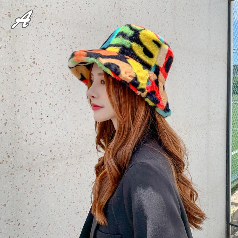 

New Multicolor Rainbow Faux Fur Pattern Fluffy Bucket Hat Women Winter Fisherman Cap Soft Warm Plush Fashion Elegant