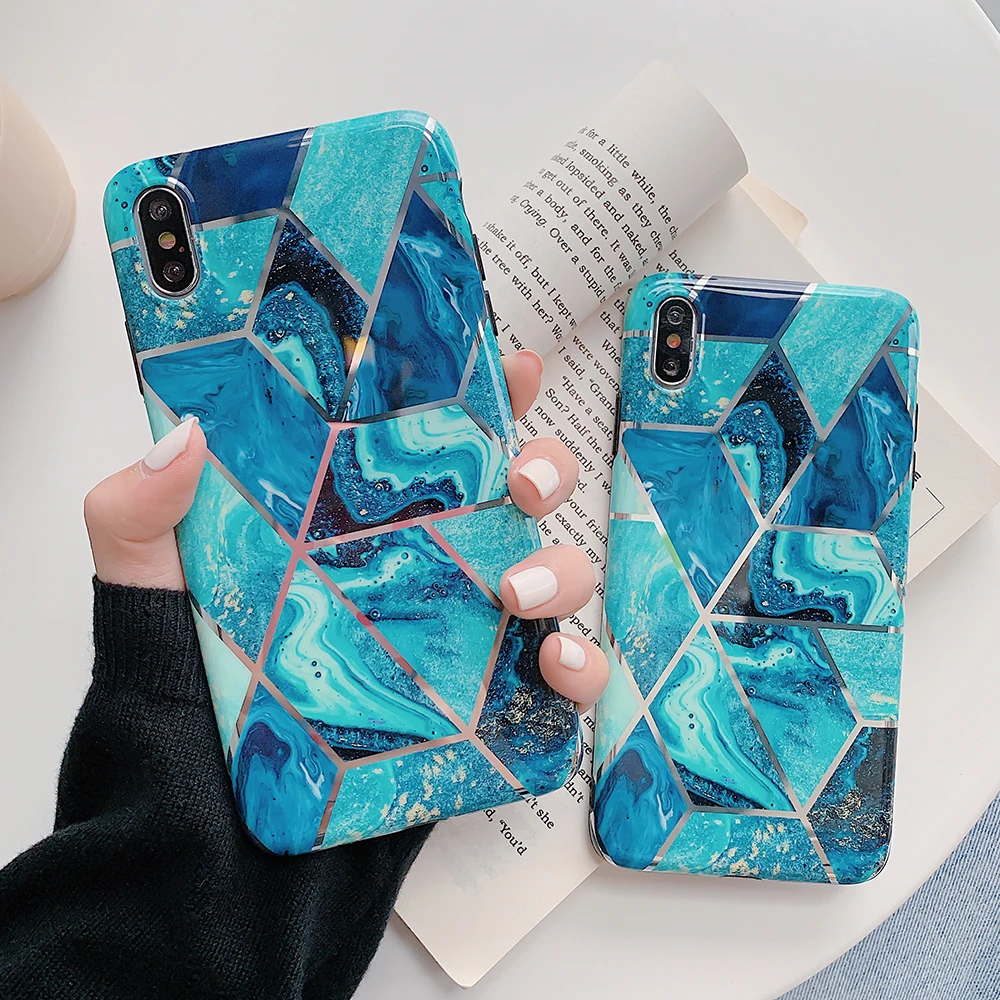 

SUYACS Plating Marble Phone Case For iPhone XS MAX XR 6 6S 7 8 Plus Geometric Kickstand Finger Ring Soft IMD Phone Back Cover