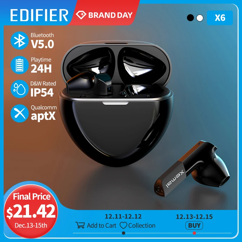  EDIFIER X6 TWS Беспроводные наушники блютуз наушники, Qualcomm Apt-X, Bluetooth 5.0 Поддержка быстрой зарядки 2-микрофонное шумоподавление 