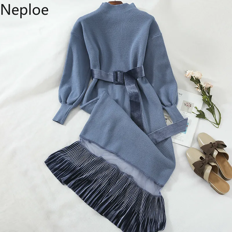 Neploe/вязаное платье-свитер с высоким воротником и шнуровкой; платье-свитер в стиле пэчворк; средней длины; плиссированное платье; элегантные вечерние платья; ropa mujer 46670