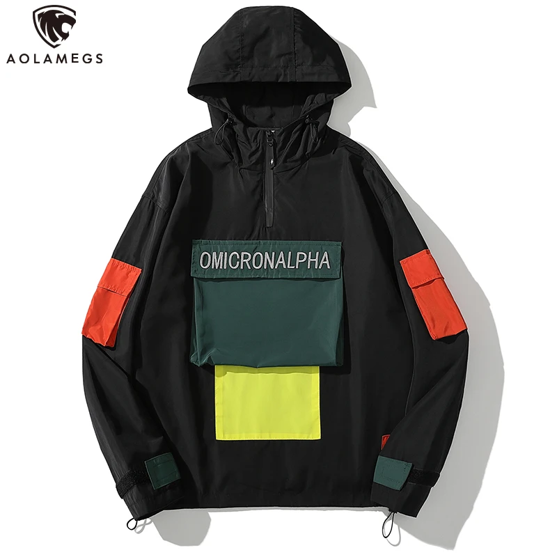 

Aolamegs Hooded Jackets Pullover Vintage Color Block Patchwork Multi-Pocket Harajuku Baggy Hip Hop Windbreaker Coat Streetwear