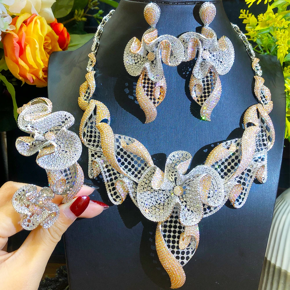 

KellyBola Deluxe Zirconia Wedding Jewelry Sets Nigerian Necklace Earrings Bangle Ring 4PCS For Women Pendientes Wearring Jewelry