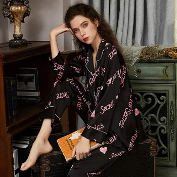 

Black 2PCS Cute Pajamas Set Women Casual Letter Print Nightwear Loose Ice Silk Home Wear Autumn New Turn-down Collar Sleepwear