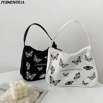 

Spring Women Small Handbag Butterfly Print Canvas Tote Ladies' Fashion Underarm Bag Zipper Half Moon Bags Cotton Cloth Purse