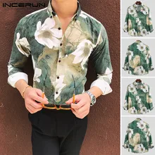 INCERUN мужские повседневные тонкие рубашки с цветочным принтом и длинными рукавами, тонкие рубашки с отворотами в британском стиле, уличная Стильная мужская Блузка Camisa Masculina