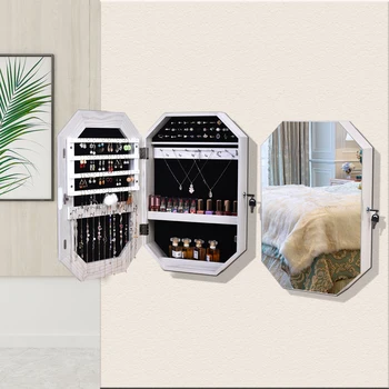 

Full Body Dressing Mirror Cabinet Jewelry Storage Display Box Simple Solid Wood Pattern Covered Wall-Mounted Octagonal[US-Stock]