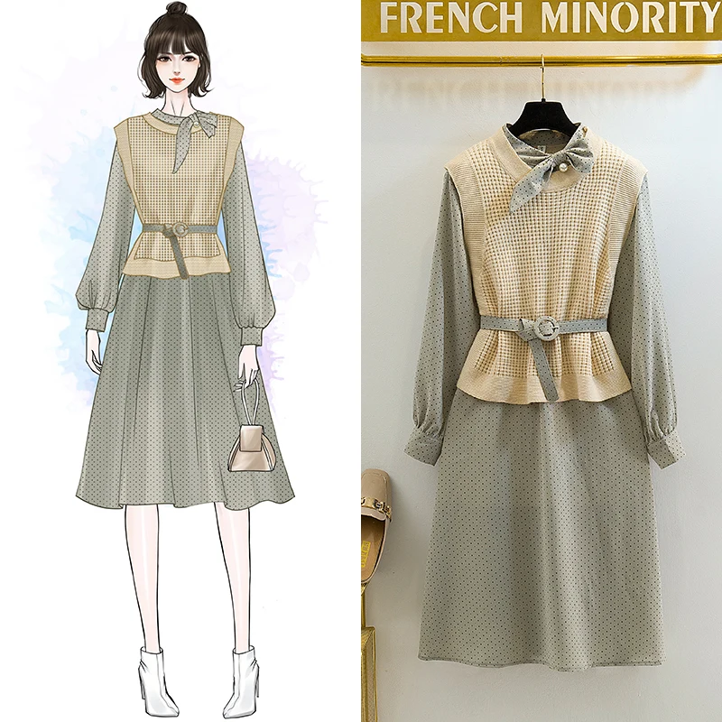 

Early Autumn New Wave Point Chiffon Scarf Collar Dress Waistcoat Vest Plus Size Two Pcs Suits Women Casual Knitted Outfits Set