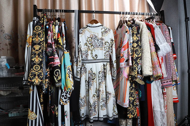 AELESEEN Luxury Crystal Turn-Down Collar Office Lady Dresses New Autumn Single Breasted Sashes Vintage Print Midi Dress