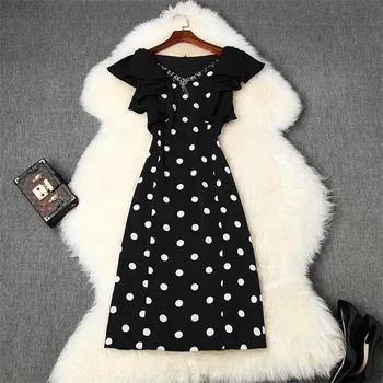 

High Quality Runway Dress Summer Woman Clothing 2020 New Lady Elegant Diamonds V Neck Dot Print Straight Work Party Dress White