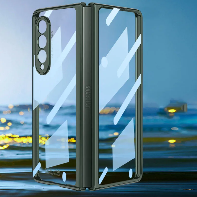 kawaii samsung cases Front Tempered Glass Transparent Case for Samsung galaxy Z Fold 3 5G Cover Plating Frame Hard Clear S Pen Slot Holder Back Case best case for samsung Cases For Samsung