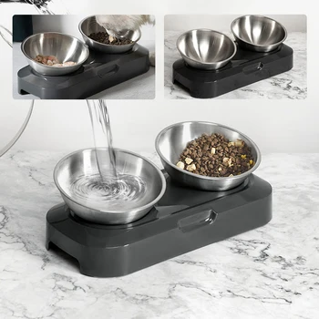 

Double Bowls Pet Stand Bowl Non-slip Cat Bowls Holder Bracket 0-15 Degree Adjustable Angle Stainless Steel and Plastic Wood