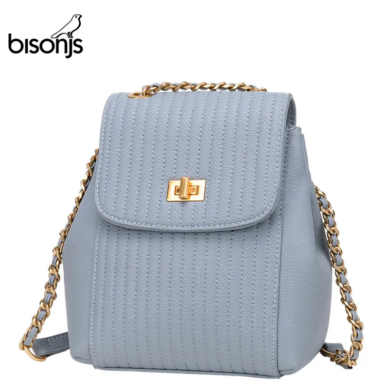 

BISONJS Leather Women Backpack Fashion Shoulder Bag High Quality Small School Bag for girl Female Mochilas B1872