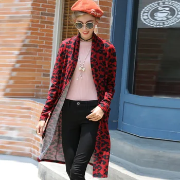 

Slim Autumn Winter Outerwear Knitwear Sueter Mujer Women Christmas Knitted Cardigan Sweater Leopard Print Long Cardigans Pockets