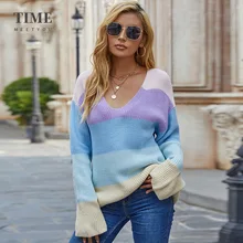 

Leisure V Neck Long Sleeve Striped All Match Style Knitted Tops For Ladies Mulit Pullover Fashion Loose Women's Sweaters Winter