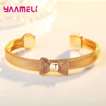 

Big Open Gold Color Bracelets for Women Girls Wide Bow Knot Bangle 925 Sterling Silver Statement Fashion Jewelry Accessories