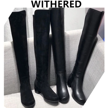 

Withered Winter Boots Women Ins Blogger England Simple Elastic Real Leather High-knee Boot Shoes Woman Botas Mujer Shoes Women