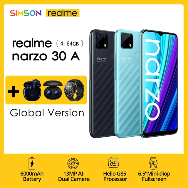 realme Narzo 30A Global Version Smartphone 4GB 64GB Helio G85 6.5 Inch Fullscreen 13MP AI Dual Camera 6000mAh 18W Quick Charge 1