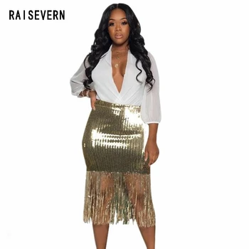 

Raisevern Tassel High Waist Sequin Womens Skirt Midi Pencil Skirt Gold Ladies Skirts Wrap Skirt