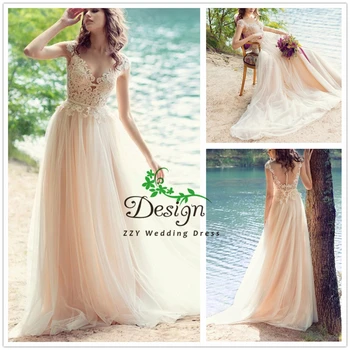 

Gorgeous Champange Illusion Appliques Lace And Tulle Robe De Mariee Natural Waist Spaghetti Straps Beach Vestidos de Novia 2019