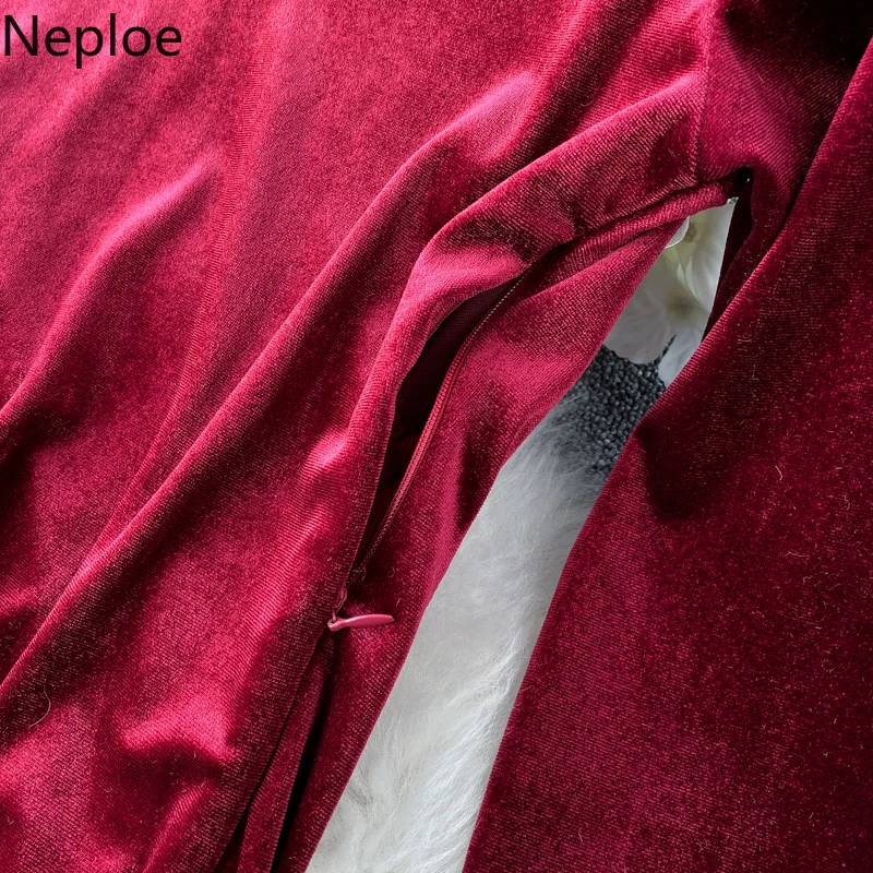 Neploe Ins, сексуальное вельветовое платье без бретелек с открытыми плечами, женское осенне-весеннее платье с v-образным вырезом и асимметричным длинным рукавом, платье трапециевидной формы с высокой талией