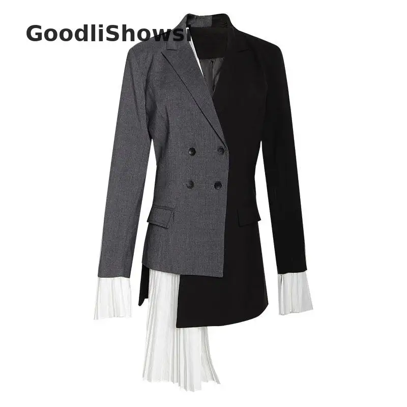 GoodliShowsi Высокая уличная мода Блейзеры контрастные цветные зубчатые лацканы плиссированные подол Лоскутные женские Необычные костюмы Топы